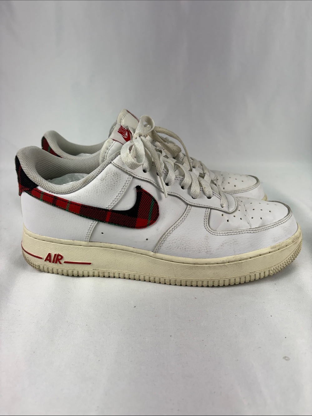 Nike White AF-1 Sneakers Red Green and Black Tartan Plaid Swoosh